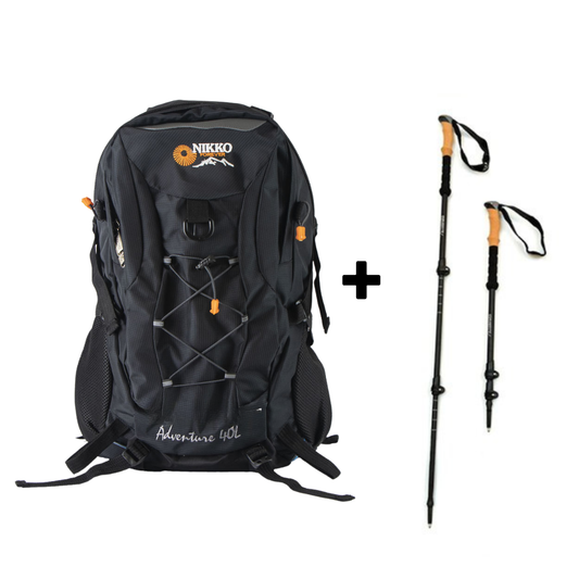 PACK Mochila Adventure 40 (Negro) + Bastónes + Cobertor