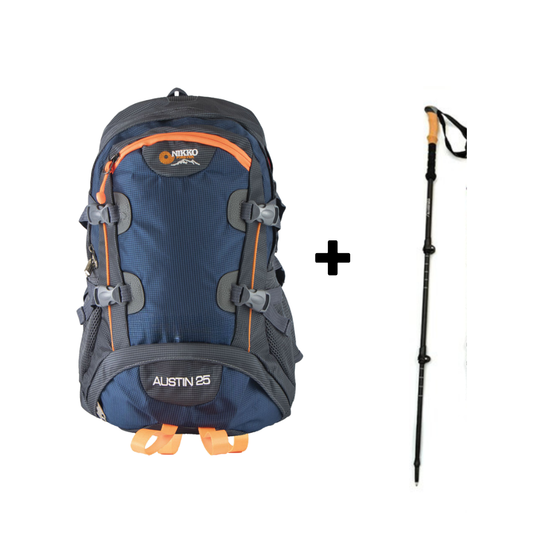backpack hiking equipment austin PACK DOBLE Mochila Austin 25 (Negro) con Bastón de trekking – Tienda Maleta Viajera Perú