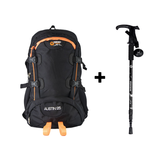 PACK Mochila Austin 25 (Negro) + Bastón + Cobertor